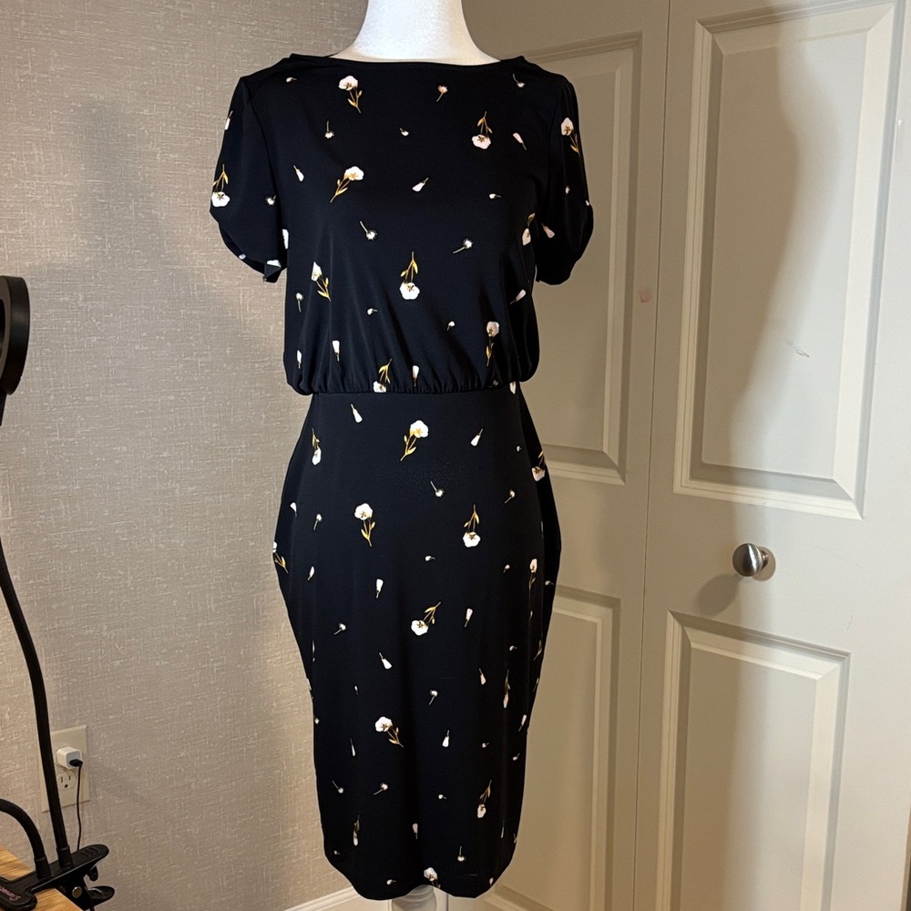 Ann Taylor Black Midi Dress with White and Gold Floral Print